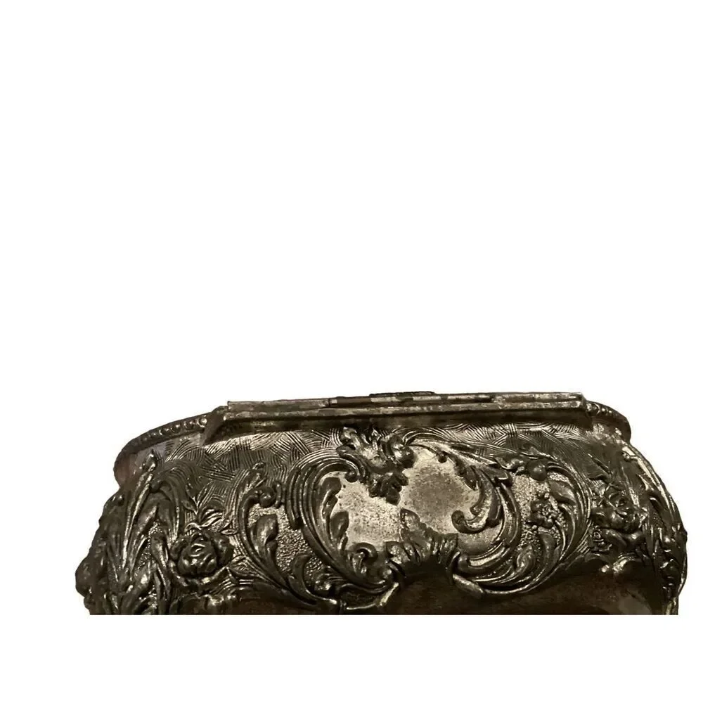 Time For Us Vintage Silver tone Metal Trinket Jewelry Box Flower Heart 3 Footed